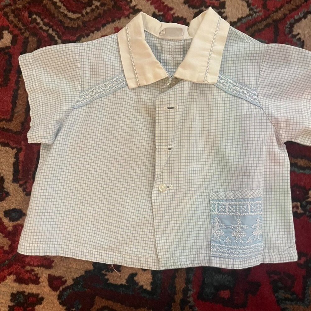intage Toddler Tyke Blue and white baby shirt with embroidered details